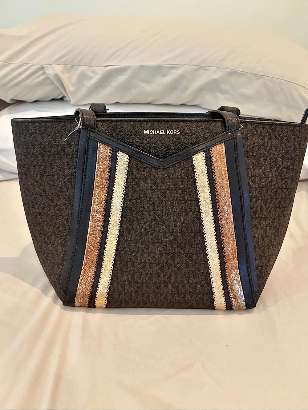 Michael Kors Eva Large Signature Logo Stripe Tote Bag Brown & Black